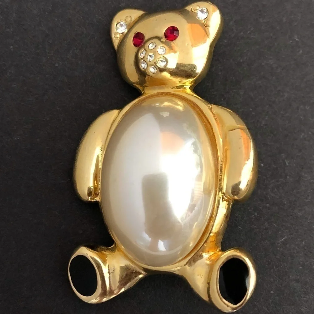 𝅺TEDDY bear pearl belly goldtone Brooch rhinestone